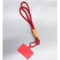 Red handmade woven phone lanyard with orange wrap and carabiner for secure phone carrying - Red