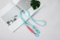 Braided light blue and pink phone lanyard crossbody strap with dual blue carabiner clips - Light Blue Rope + Pink + Blue + Blue Ring
