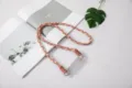 Stylish pink and tan braided crossbody phone lanyard strap with durable metal rings - Pink White Brown Braided Rope