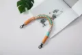 Hand-woven multi-color phone lanyard wrist strap in orange and teal with dual black hooks - Fish Mouth Clasp with Tether Pad / Orange, Blue & White