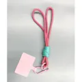 Hand-braided pink and mint green phone lanyard with pink metal carabiner and card. - Pink