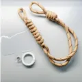 Woven beige phone wrist strap set with transparent patch and white metal ring clip - Brown Cord