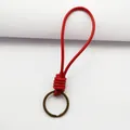 Handmade red leather wrist strap keychain with vintage bronze metal ring - Red Leather Rope + Bronze Key Buckle / Red