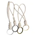 Hand-woven wax rope keyring wrist strap with four colorful metal rings for keys - Light Gold Ring / White