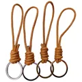 Handcrafted braided wax rope wristlet keychains featuring four distinct metal ring finishes - Brown
