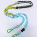 Handmade colorful braided paracord crossbody lanyard with dual green carabiner hooks - Grey Blue Yellow Contrast With Green Hook