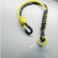 Woven phone wrist lanyard in yellow and black with metal ring and clear patch - Yellow & Dark Blue