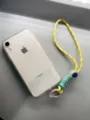 Handwoven yellow and teal adjustable phone wrist lanyard strap for smartphones with metal ring - Yellow & Light Blue Rope + Pink Spring Ring