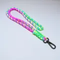 Cordino in paracord intrecciato arcobaleno con moschettone in metallo nero - Gancio e bottone / Lungo 48cm