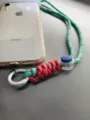Pink and teal handcrafted adjustable braided phone lanyard wrist strap with metal carabiner - Light Blue & Pink Rope + White Spring Ring