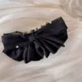 Close-up of elegant black satin bow banana hair clip with sparkling rhinestones - Bow Banana Clip / Black Mesh Ruffle Banana Clip