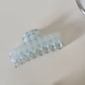 Detalle de una pinza para el pelo transparente con un patrón de cuadros azul claro - 蓝色格纹-方形抓夹