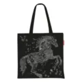Vista dettagliata della borsa in tela nera con intricato disegno floreale bianco di cavallo - 40x40cm / Nero