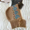 Vintage Fair Isle knitted balaclava hat with blue flower pattern and wooden buttons - One Size / Camel