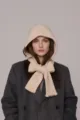 Cream white knitted balaclava hat with integrated bow scarf and decorative stitching - One Size / White