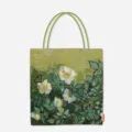 Van Gogh Wild Roses oil painting canvas tote bag with green handles and floral art print. - 34*38*23cm / Oil Painting Series-012 (Wild Roses)