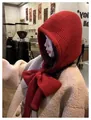 Trendy red knitted balaclava hood featuring a stylish integrated scarf for winter warmth - One Size / Red