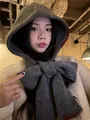 Stylish gray knitted balaclava hood scarf with a bow tie for women winter warmth - One Size / Gray