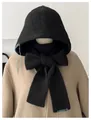 Pasamontañas de punto negro cálido con capucha y bufanda con detalle de lazo para mujer - Talla única / Negro