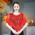 Elegante scialle da sera in rete rossa con paillettes scintillanti e lunghe frange - Top / Taglia unica / Rosso