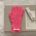 Korean style pink cable knit wool gloves for women in winter with a small brand tag - One Size / Pink