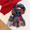 Elegant 100% wool plaid scarf in red and blue with soft tassels for warm winter - 180cm / Korean Style Christmas Green Plaid