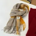 Cozy yellow and grey plaid 100% Australian wool scarf for women featuring soft tassels - 180cm / Camel Yellow Plaid