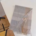 Elegant women's soft 100% Australian wool plaid scarf with fringes in warm pastel tones - 180cm / Fresh Beige Camel Plaid