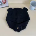 Cute black bear ear knitted beanie with heart charm and ear protection for women in winter. - Black