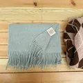 Premium 100% Australian wool scarf in light blue with fringe detail on wood background - Mint Green