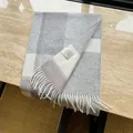 Premium 100% Australian wool plaid scarf for women in elegant gray and white tones - 180cm / Artistic Beige Gray Plaid