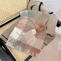Elegant 100% Australian wool plaid scarf for women featuring soft fringes and a cozy texture - 180cm / Camel Green Block Plaid