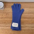 Cozy blue knitted long five-finger winter warm gloves with a white textile label. - 10*28cm / Klein Blue