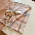Soft 100% wool plaid scarf in pink and white with tassels, premium autumn winter shawl. - 180cm / Pink Blue Plaid