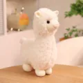 Adorable white fluffy alpaca plush toy doll standing on a rustic wooden table - White / 30cm