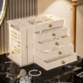 Joyero grande de acrílico transparente con cajones de terciopelo beige y organizador. - 5 Capas de Terciopelo + 2 Capas Transparentes / 24.6*13*17.5cm / Beige