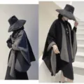 Elegant oversized black and grey knit poncho shawl cape for women, stylish layered winter wrap - Double-sided Black Gray