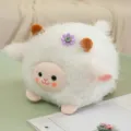 Soft white round sheep plush toy keychain with cute purple flower decoration and pink ears - 10cm / White