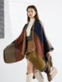 Stylish women's geometric color-block knit shawl poncho for cozy office and winter wear - Khaki & Beige