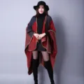 Elegant red and grey colorblock poncho shawl for women autumn winter warm wrap cape - Red and Brown Contrast