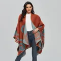 Elegant terracotta and blue knit shawl poncho with artistic swirl pattern design - Vintage Auspicious Cloud