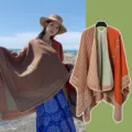 Bohemian geometric stripe knitted shawl poncho in orange and green - Striped Plaid Orange