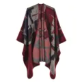 Cozy oversized women's knit shawl poncho with elegant red and blue abstract pattern - Graffiti Wine Red