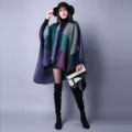 Cozy geometric color block knit poncho shawl for women in purple and teal - Violet Colorblock