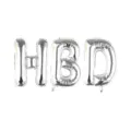 Primer plano de tres grandes globos de papel de aluminio plateados HBD de cumple - Kit HBD / 32 / Plateado