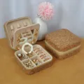Premium vintage portable cork jewelry storage box with mirror for rings and earrings - Mirror Style - Cork Bark / 10x10x5cm