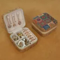 Portable vintage cork jewelry box organizer with colorful mandala floral print pattern - Zipper Style - Mysterious Stamen / 10x10x5cm