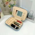 Portagioie portatile in PVC blu con specchio e vari scomparti per anelli e orecchini - Stile Specchio con Cerniera Medio / 16*11.5*5cm / Azzurro