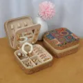 Vintage portable jewelry organizer box with mandala print, cork texture, and built-in mirror - Mirror Style - Mysterious Stamen / 10x10x5cm