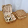 Compact travel jewelry box with retro cork finish and velvet interior storage for rings - Zipper Style - Cork Bark / 10x10x5cm